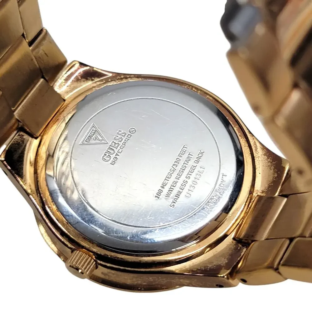 Guess Waterpro Womens Watch Rose Gold Tone Baguette Crystal Bezel Day Date